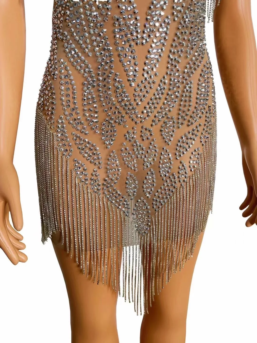 Nude Perspective Sleeveless Shining Rhinestones Tassel Sexy Sheath Dress For Women Nightclub Party Clothing Singer Stage Costume