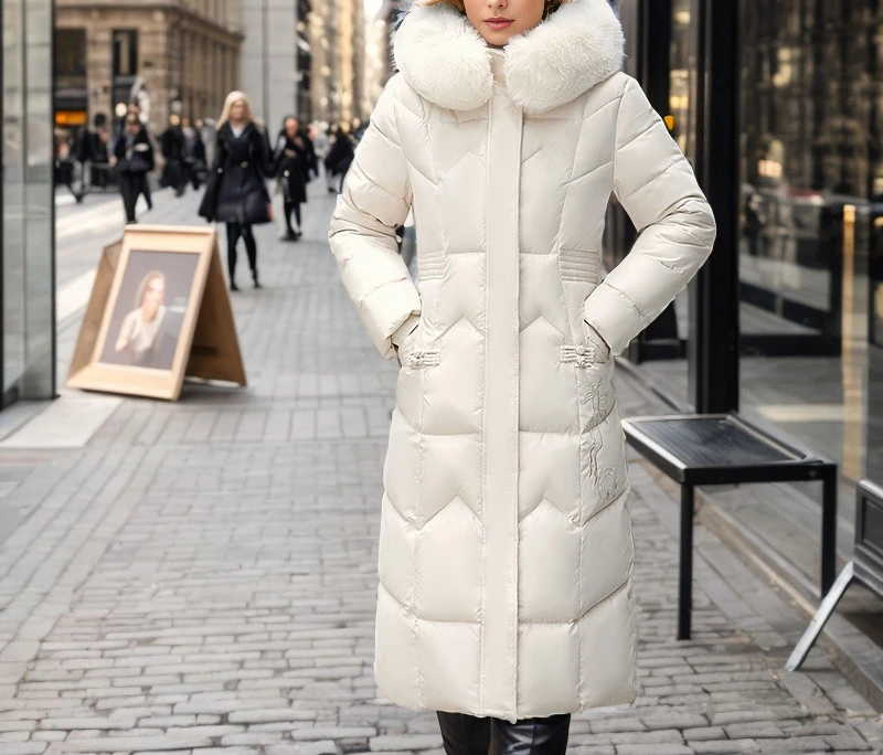 2025 Winter New Fashionable Cotton Clothing Women's Long Style Waist Over Knee Thickened Big Wool Collar Coat