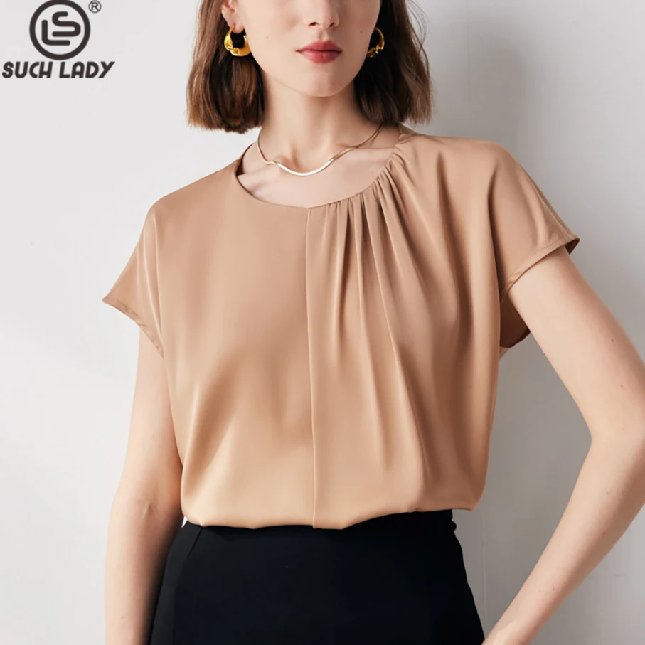 

90% Natural Silk 10% Spandex Women's Blouse O Neck Ruched Pullover Elegant Fashion T Shirt Tops