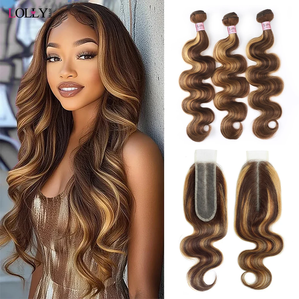 2x6 Closure With Bundles Highlight Bundles With Closure Transparent P4/27 Ombre Honey Blonde Body Wave Bundles With Closure