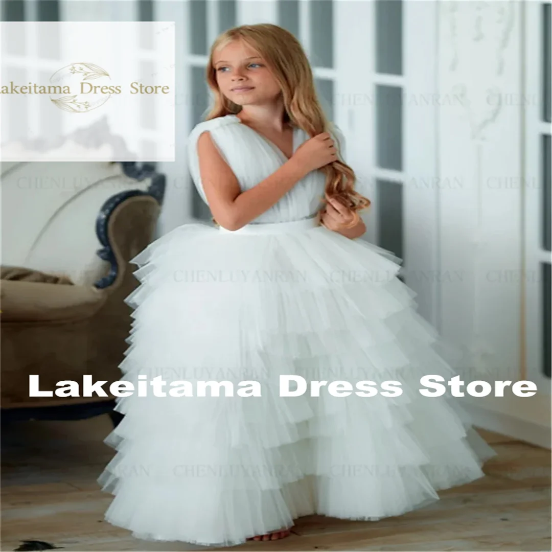 Customization White Tulle Lace Layered Flower Girl Dress Princess Ball First Communion Dresses Surprise Birthday Present