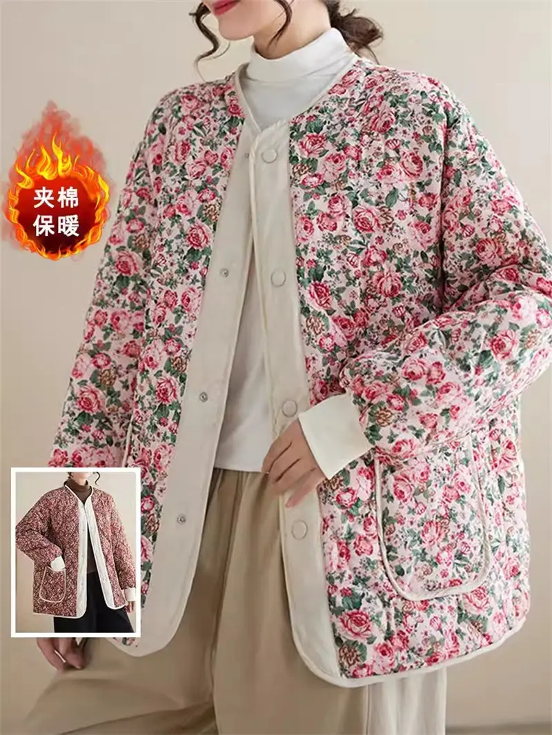 

Retro Color Patchwork Coat Oversized Women's Clothing Northeast Fower Cotton Jacket Round Neck Long Sleeve Winter Top Z4786