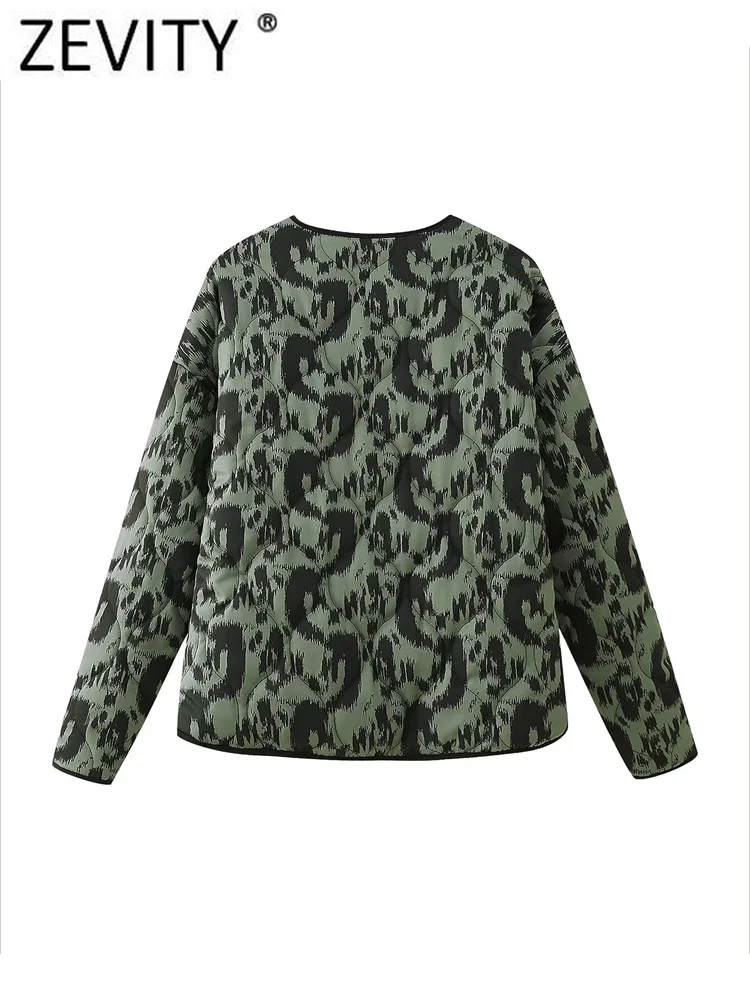 ZEVITY, nueva chaqueta acolchada de algodón con estampado de leopardo Vintage para mujer, abrigo para mujer con bolsillos de animales, prendas de vestir exteriores, Tops elegantes con botones CT5019