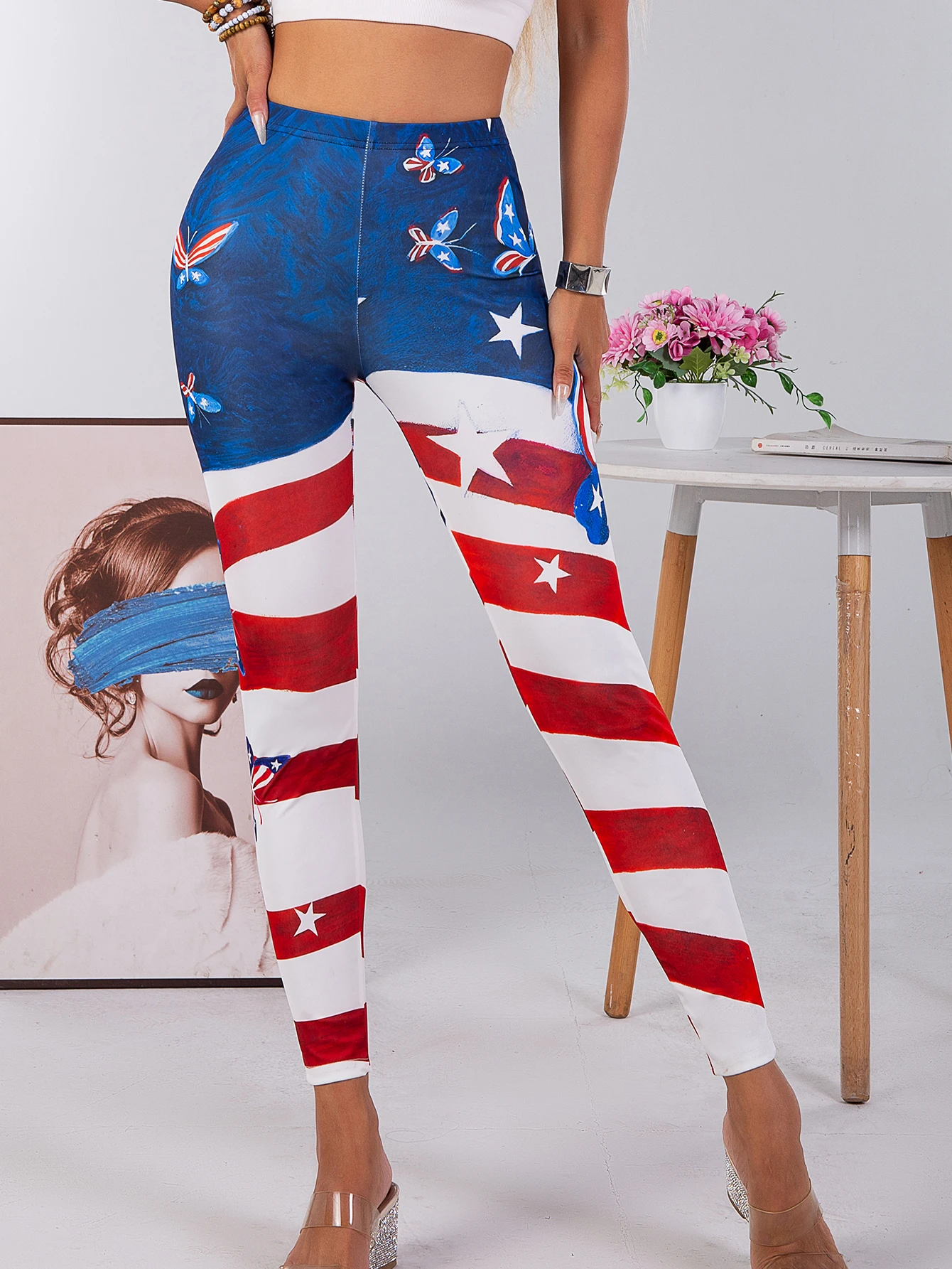 Digital Printed Tight Nine-point Pants Butterfly Red And White Striped Printed Leggings New Peach Hip Lift Pencil Pants Women