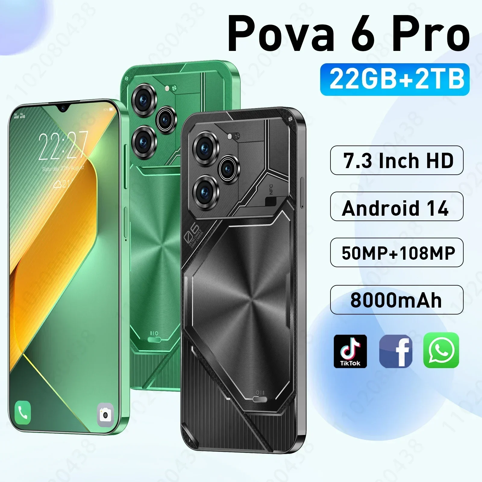 

Global Version Pova 6 Pro Smart Android Phone 5G Snapdeagon8 Gen3 7.3 Inch HD Screen 108MP Camera Android14 Unlock Phone NFC