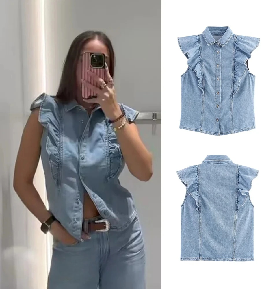 

KONDALA Lady Casual Street Denim Vest Layered Cuff Buttons Slim Vest 2025 Summer Fall Fashion Simple Modern Denim Vest for Women