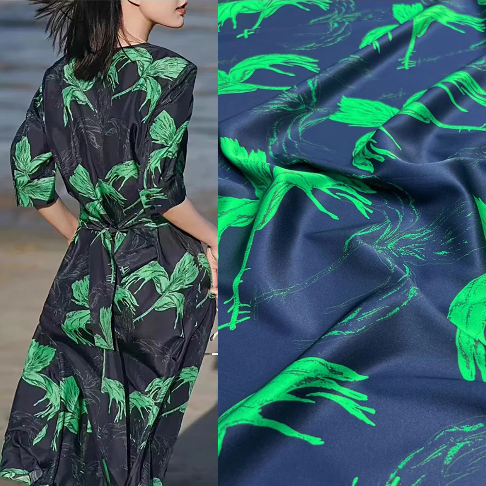 Luxury Mulberry Silk Twill 20 momme Width 140cm Green Leave Pattern Silk Stretch Fabric Suits and Dress Material Sale Per Meter