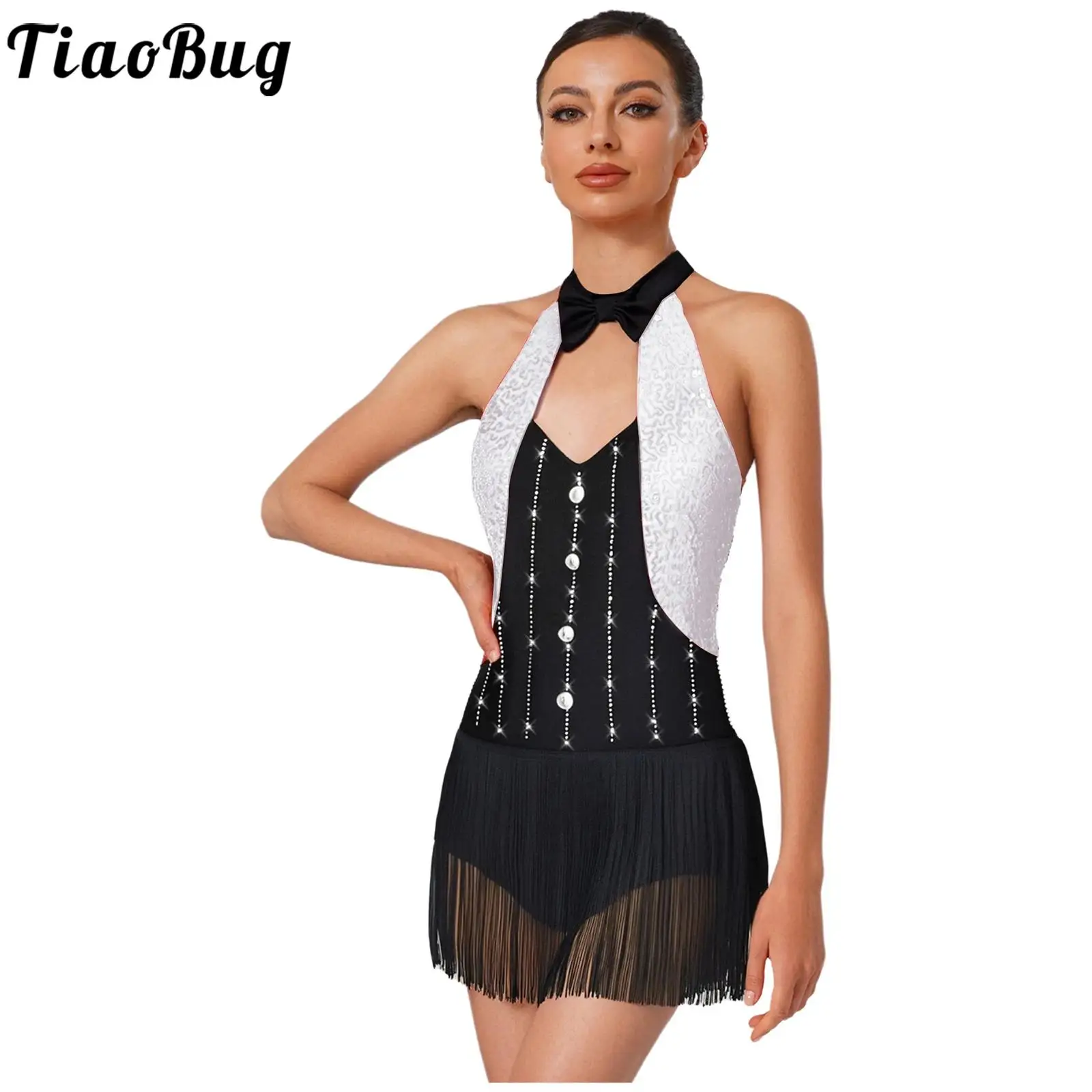 

Women Latin Jazz Dance Dress Figure Skating Tango Chacha Samba Rumba Leotards Sleeveless Sparkly Sequin Tassel Skirted Bodysuits