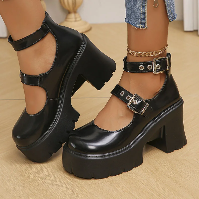 Chunky Platform Punk Gothic Shoes Women Ankle Buckle Super High Heels Pumps Woman 2024 Pu Leather Square Heel Mary Jane Shoes