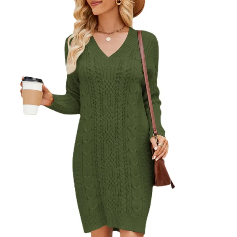 

Women‘s Knitted V-Neck Dress, Elegant Long Sleeve Maxi Dress, Textured Twist Knit Autumn Winter Pullover Dress