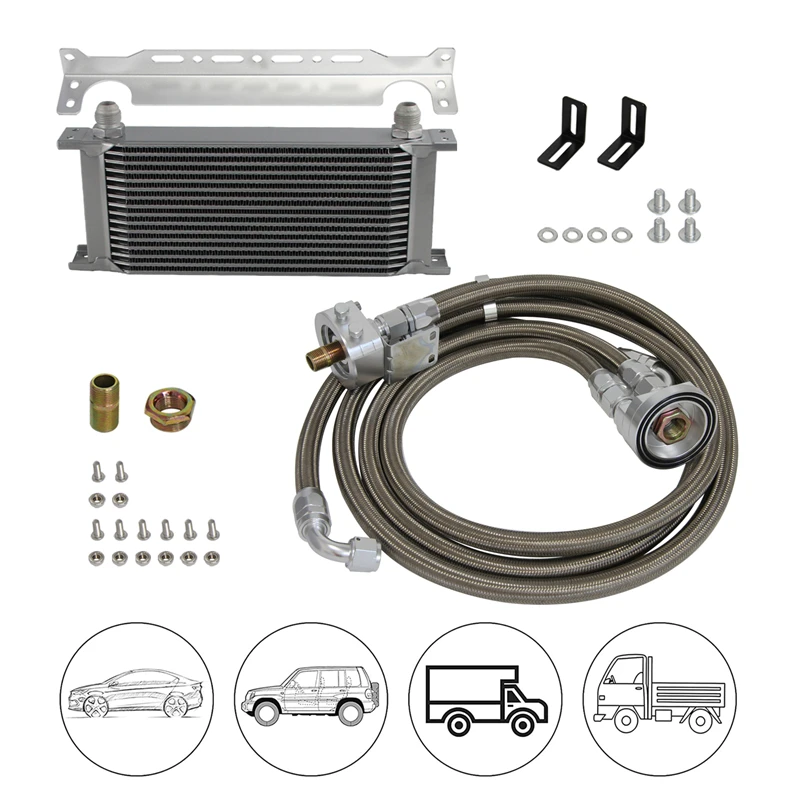 16 Row AN10 Universal Engine Transmission Oil Cooler British Type + Filter Adapter Relocation Kit Silver/Black