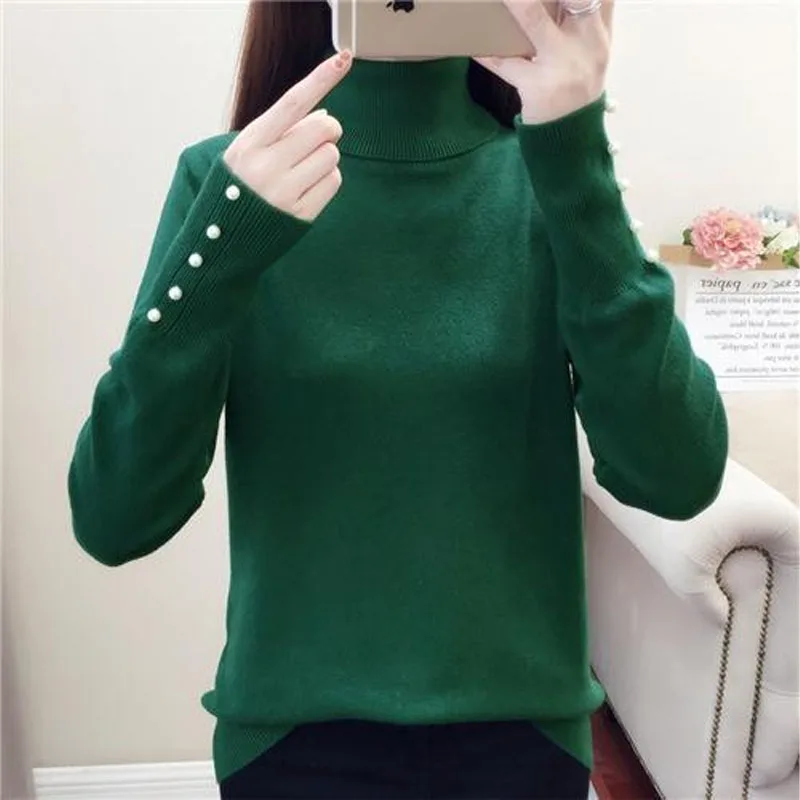 Elegant Fashion Beading Long Sleeve Turtleneck Sweaters Autumn Winter Female Solid Color All-match Basic Women\'s Knitted T-shirt