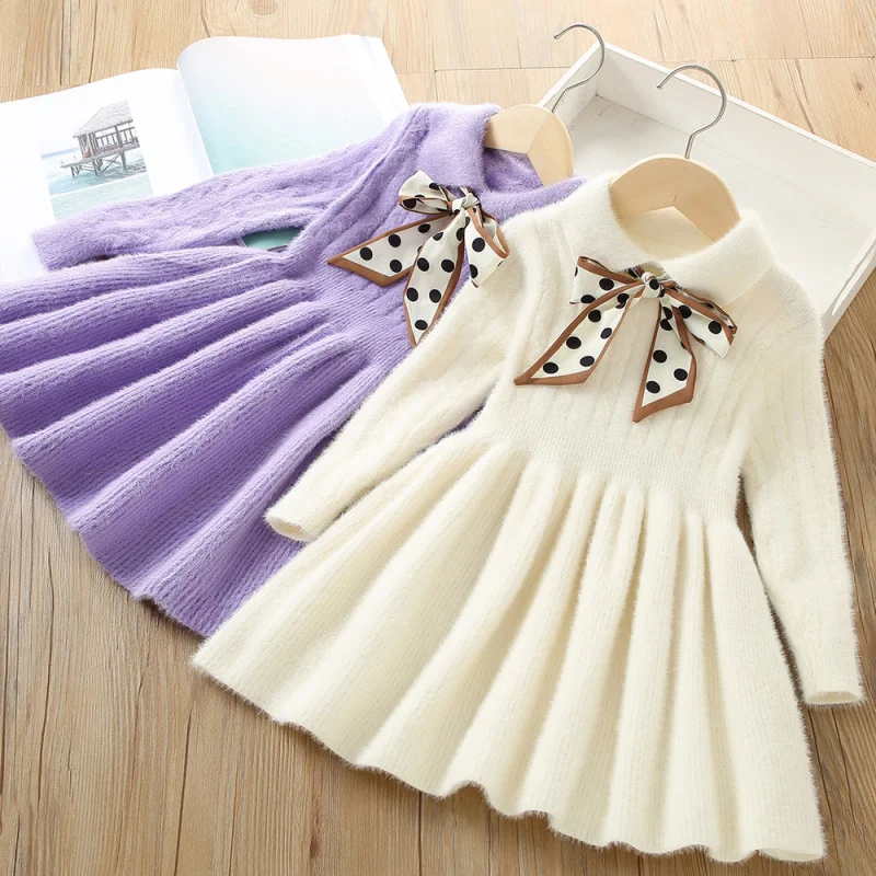 Dropshipping Children's Dress Autumn Winter New Fashionable Simple Ribbon Solid Color Furry Girl's Knitted Dress