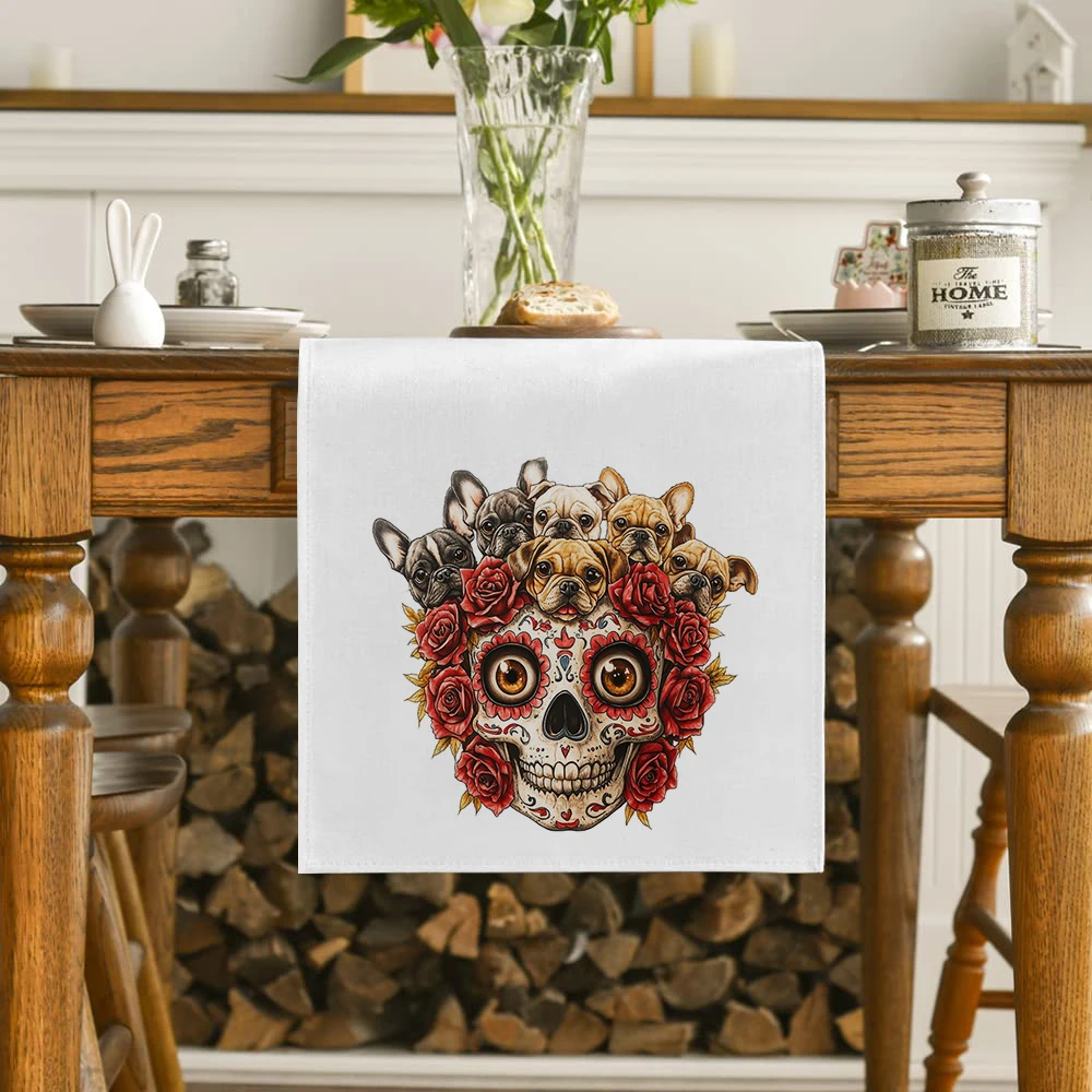 Skeleton Rose Bow Dog Table Runners Dresser Table Decor Washable Kitchen Dining Coffee Table Runner Party Decor