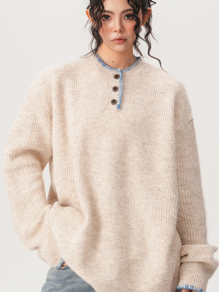 เสื้อสเวตเตอร์ถักสไตล์เรโทร คอเฮนรี่ ทรงหลวม สวมหัว สำหรับคู่รัก ฤดูใบไม้ร่วง ฤดูหนาว อุ่นสบาย ผลิตจากเส้นใยโพลีเอสเตอร์