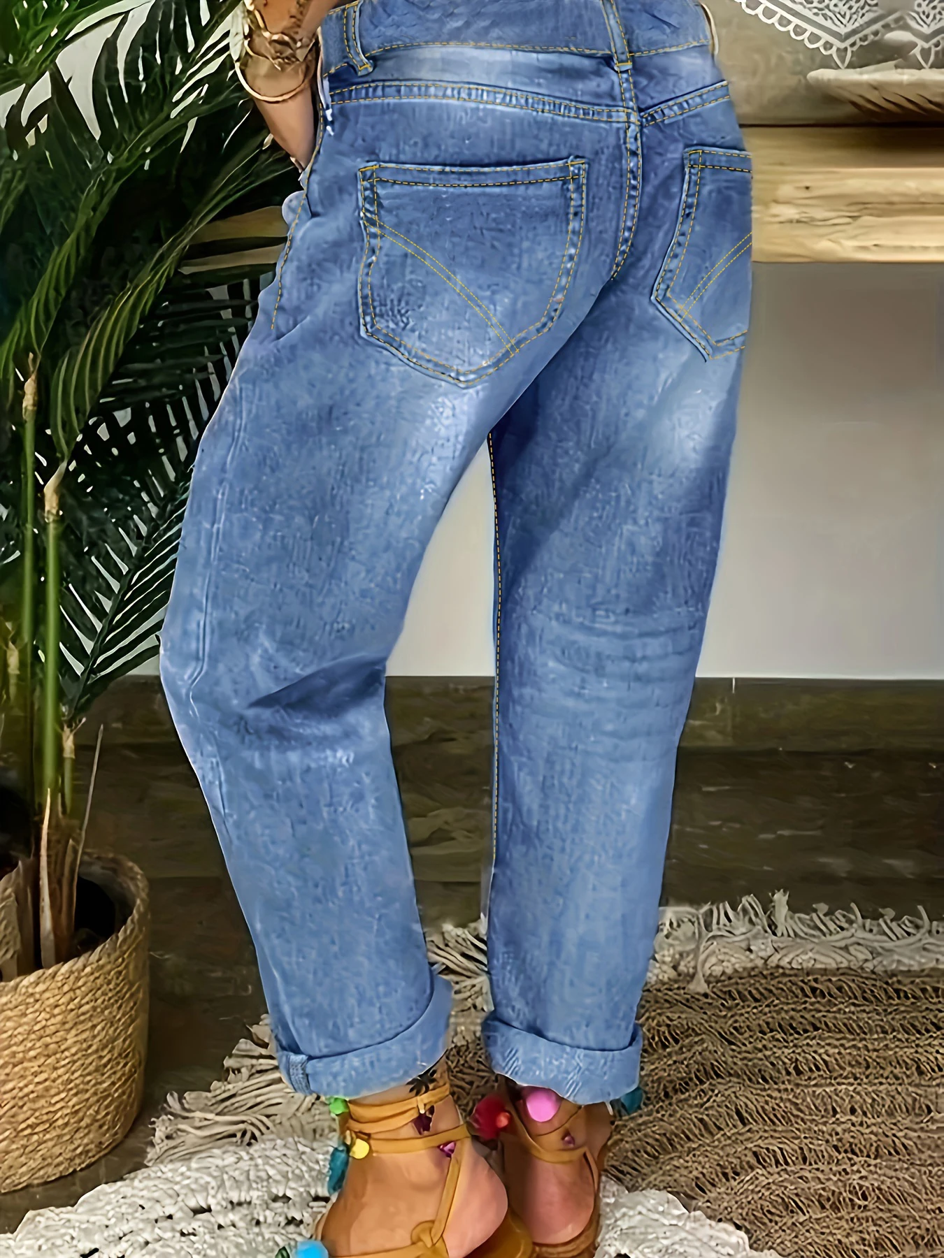Jeans femininos plus size elásticos de cintura alta com vários botões, jeans desgastados, estilo rua
