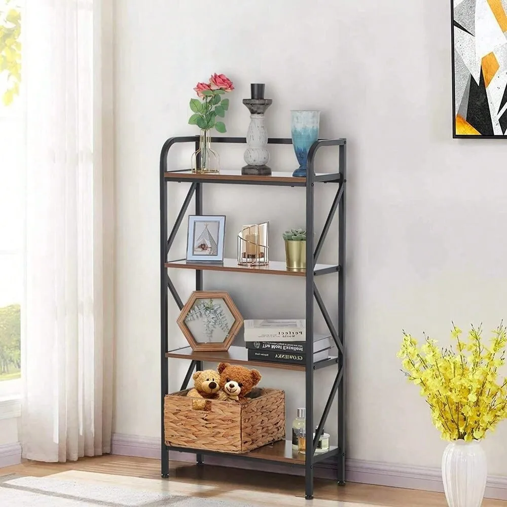 4 Shelf Bookcase Industrial Rustic Vintage Open Storage Metal & Wood Bookshelf