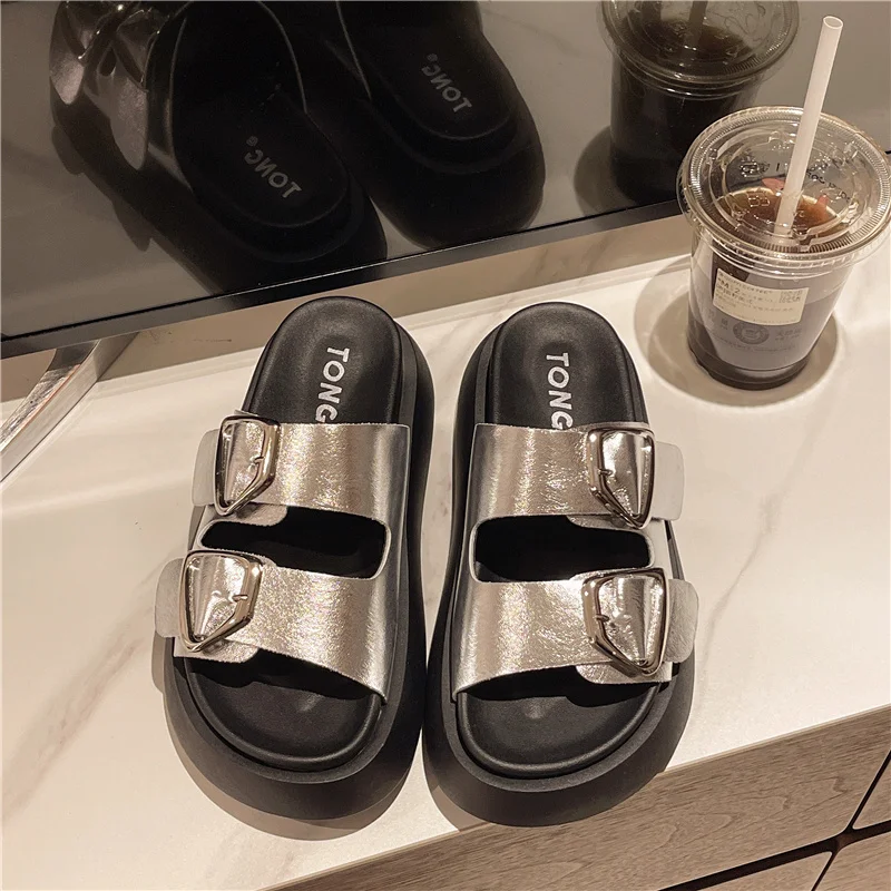 

Shoes Women Slippers Casual Med Platform Pantofle On A Wedge Shale Female Beach Slides Beige Heeled Sandals Loafers Soft Luxury