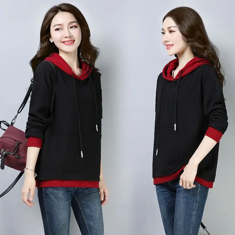 Women's Autumn Spring New Korean Style Loose Fit Color Block Spliced Hoodie Long Sleeve Chic Sweatshirt Outerwear