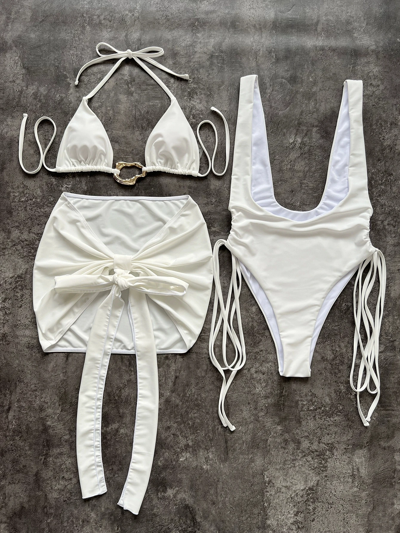 Melphieer new summer swim vacay women's irregular metal buckle lace-up 3 piece bikini set hollow swimsuit skirt beachwear outfit