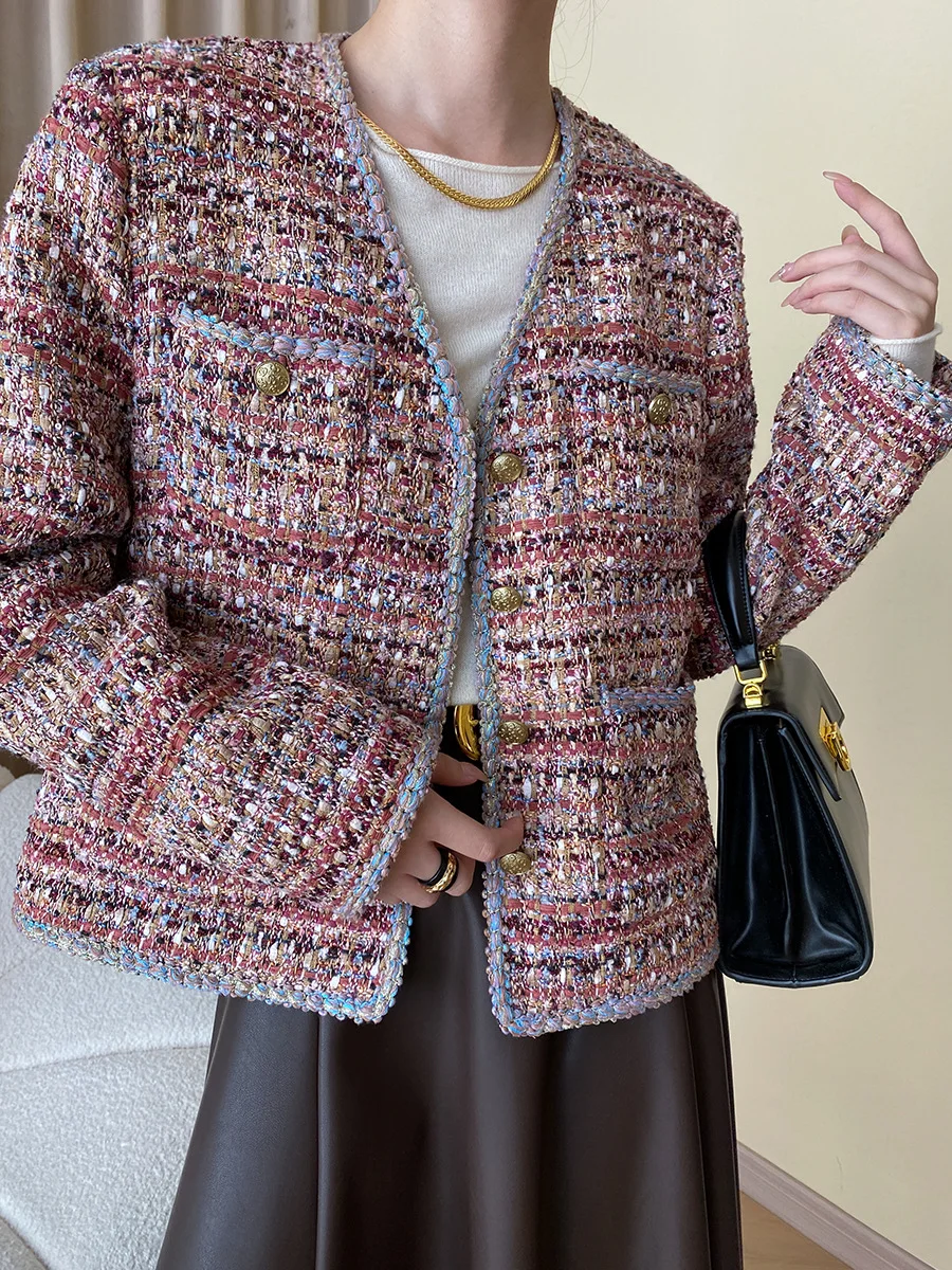 Veste courte en laine tweed pour femme, manteau à carreaux, manches longues, vintage, automne, hiver, 2023