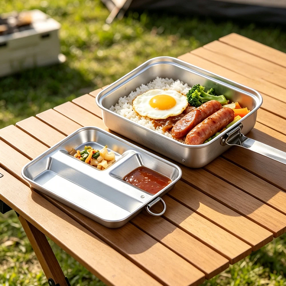 Retro Camping Mess Kit Aluminum Lunch Box with Folding Handle 3 Compartments Food Tray Pot Pan Bushcraft Outdoor Cookware Set