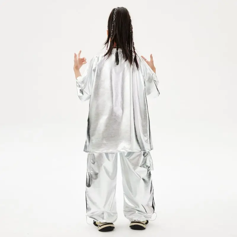 Boys Hip Hop Silver T-shirt Street Dance K-pop Cargo Pants Girls PU Leather Clothes Set Child Shiny Streetwear Kids Jazz Costume image 4