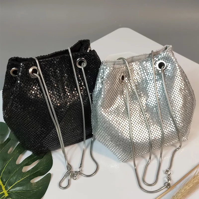 New Fashion Sequin Women Drawstring Bucket Bag Luxury Female Party Purse Handbags Ladies Evening Tote Crossbody Bag Clutch Pouch