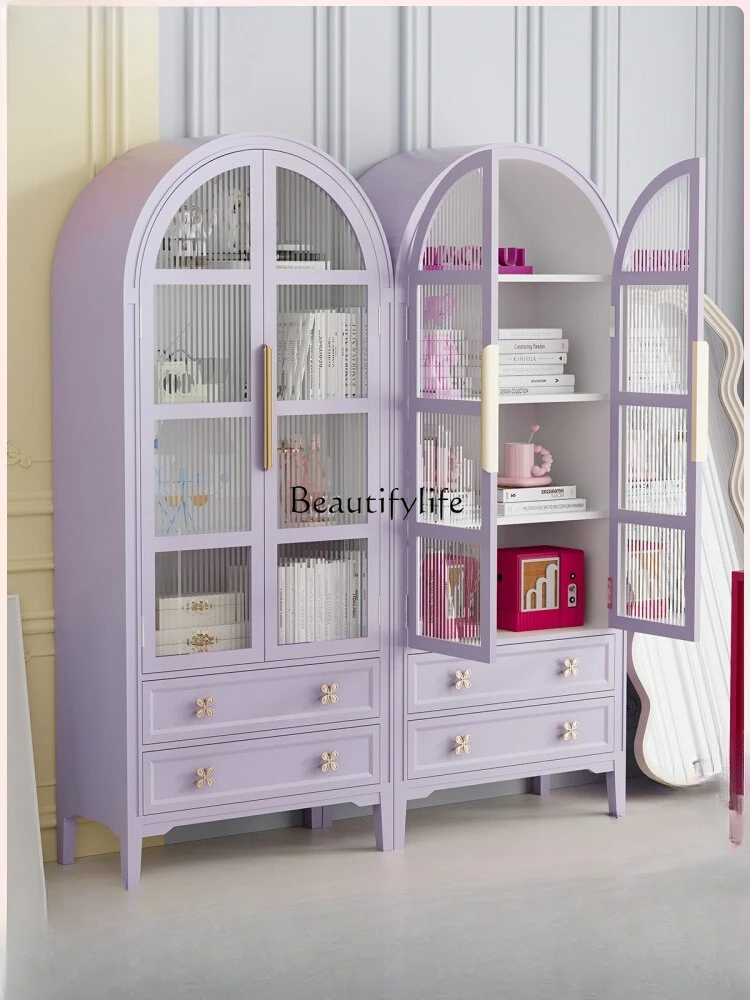 

Arched taro purple wall bookcase living room display decoration retro pink display cabinet