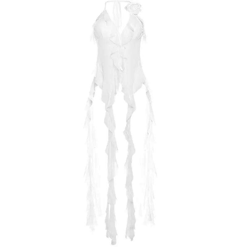 Deeptown Sexy Fairycore Ruffle Tops Women V-neck Crop Mesh Halter Shirts Lace Up Elegant White Chiffon Tank Tops Asymmetrical