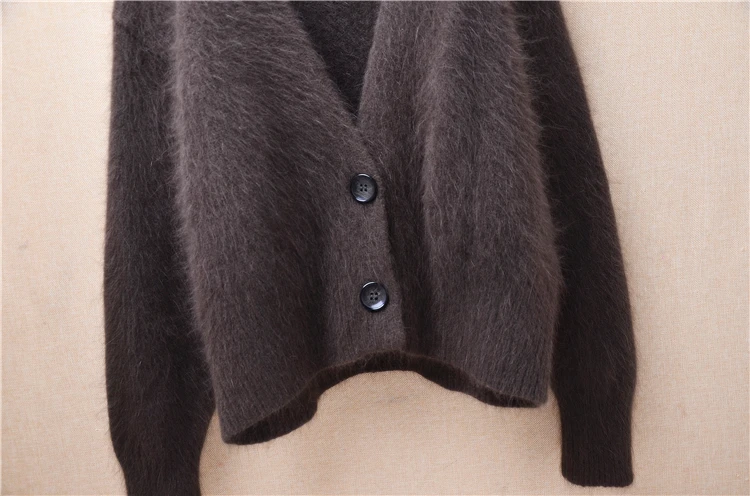 Ladies Women Autumn Winter Hairy Angora Rabbit Hair Knitted V-Neck Long Sleeves Short Style Loose Cardigans Sweater Jacket Pull