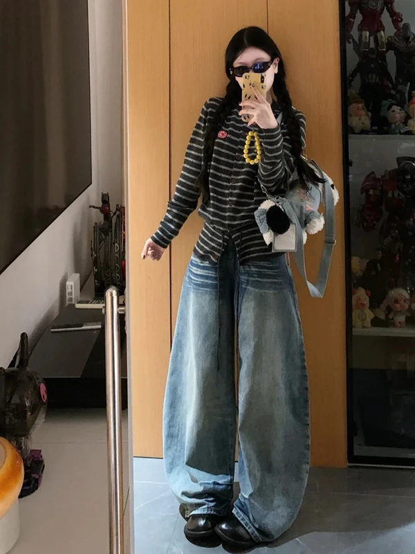 

Американские ретро-джинсы с широкими штанинами и низкой посадкой для женщин, осенне-зимние, новые, свободные, прямого кроя, повседневные, удобные