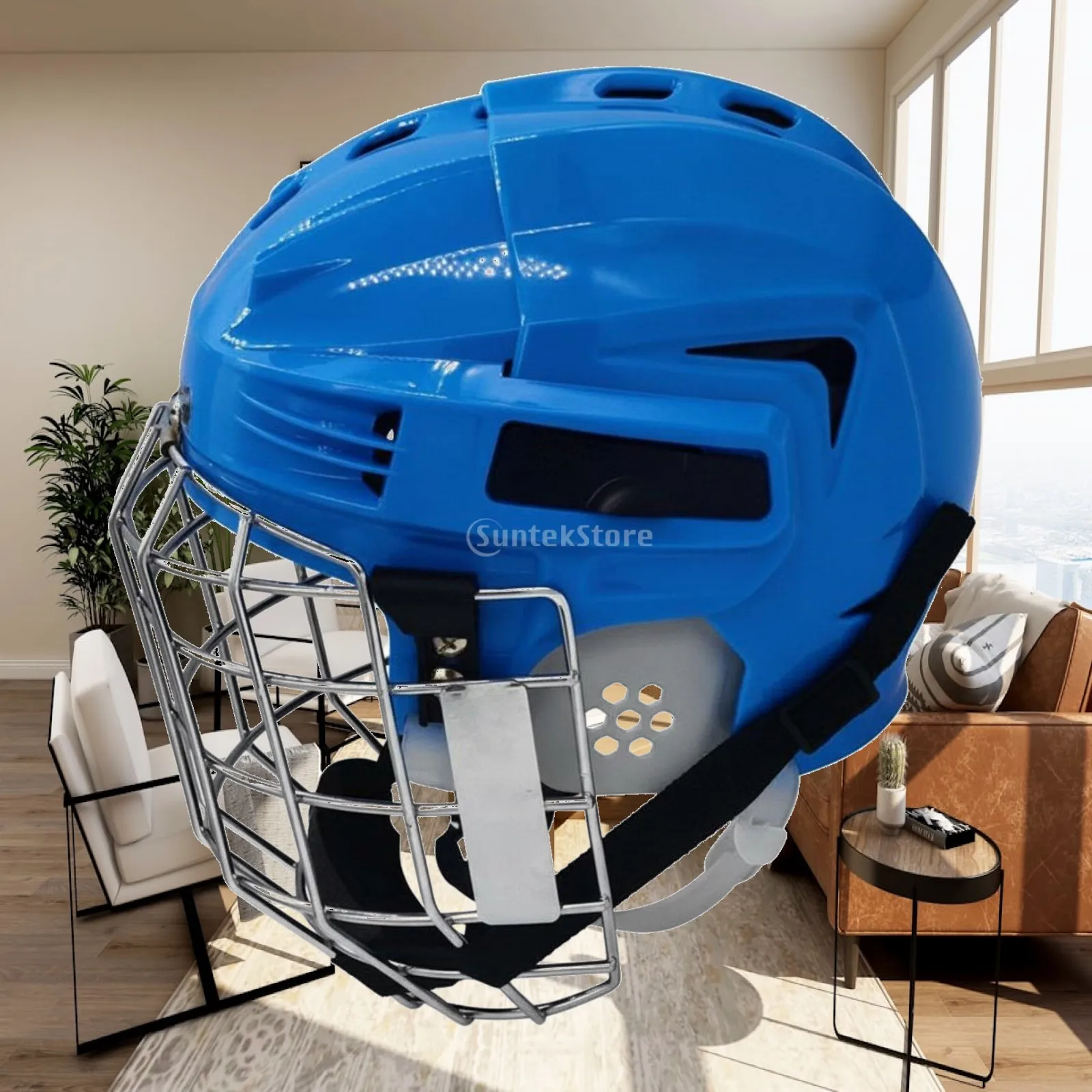 Ice Hockey Headgear with Built in Ear Protection Full Face Steel Cage Adjustable Chin Strap Shock Absorbing Helmet for Rink Play