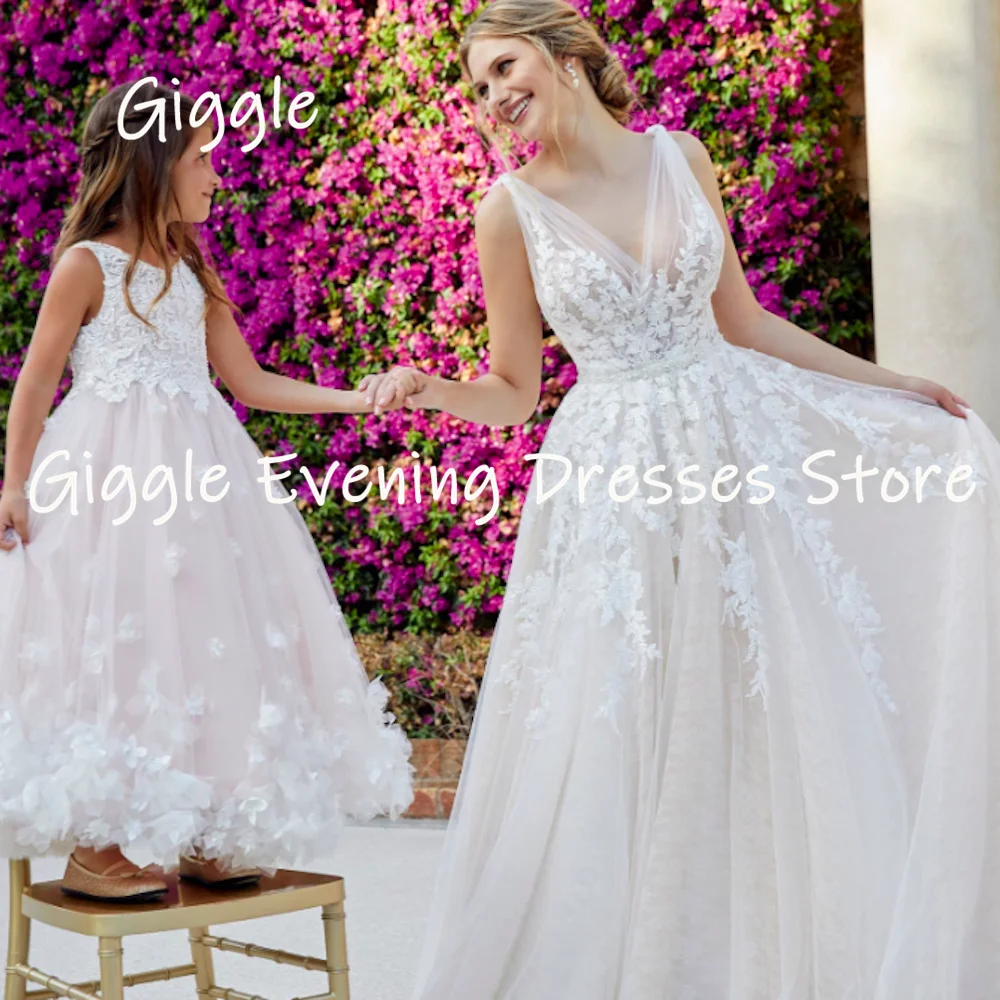 Giggle Tulle Applique V-neck Neckline Wedding Dress with Beading Belt Sweep Train A-line Bride Dress Backless Evening Dress