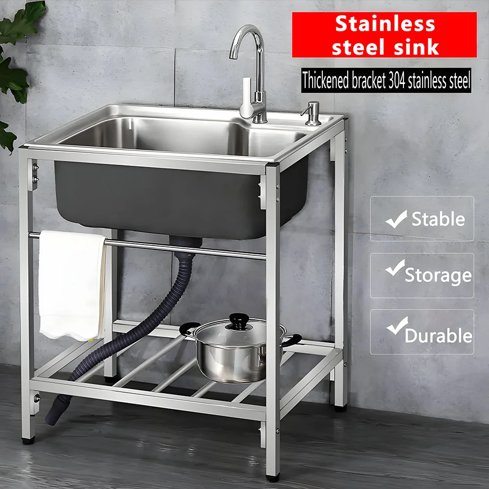 

304 Stainless Steel Single Bowl Utility Sink Set,Commercial Restaurant Kitchen Sink,Outdoor Sink with Workbench & Storage Shelve