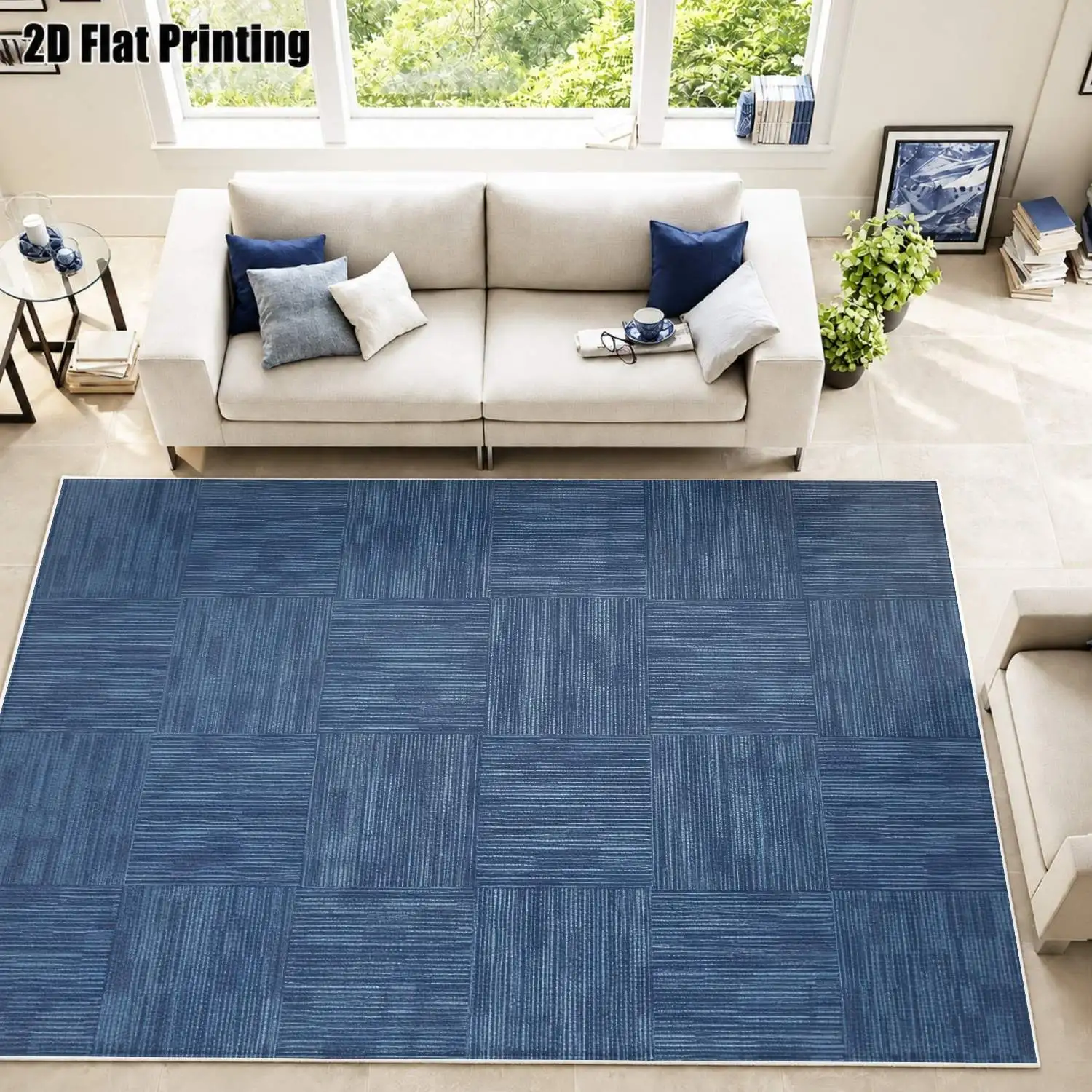 1Pc 2D Printed Carpet, Blue Geometric Striped Modern Minimalist Nordic Instagram Style Floor Mat, Home Decor, Multi-Size Machine Washable, for Entrance/Dining/Foyer/Bedroom/Living Room