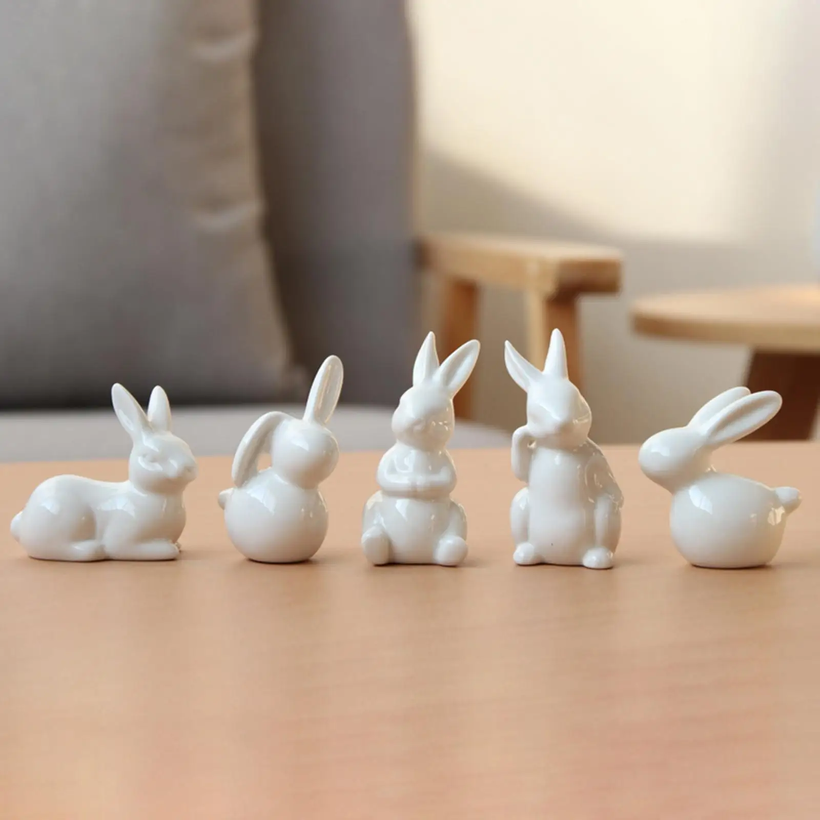 Ceramic White Rabbit Sculpture Figurine for Easter Decoration Home Desktop Table Centerpiece Miniature Dollhouse Accessory