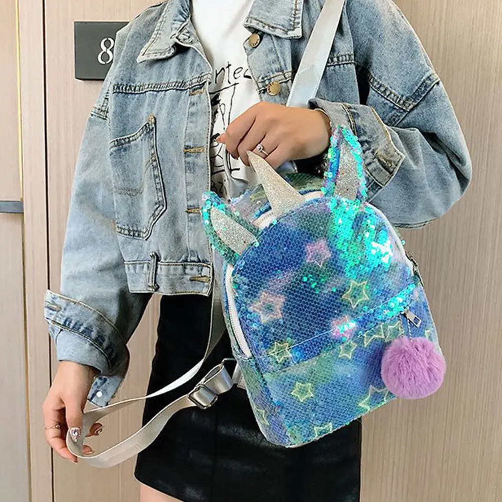 

Colorful Shining Sequin Unicorn Kids Backpack for Girls with Decorative Ball Stylish School Book Bag Daily Travel Festival Party