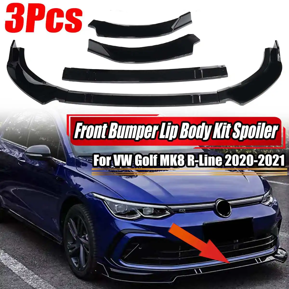 3PCS MK8 R-Line Car Front Bumper Lip Body Kit Spoiler Diffuser Splitter Protector Cover Guard For VW Golf MK8 R-Line 2020-2021