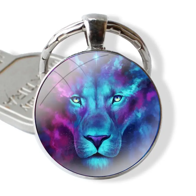 Blue Lion Splatter Keychain Handmade Glass Cabochon Key Ring Holder Pendant Key Chains