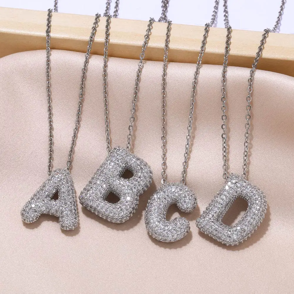 FLOLA Silver Color Bubble Letter Necklaces for Women Crystal Custom Name Initial Necklace Birthday Jewelry Gifts nkep22