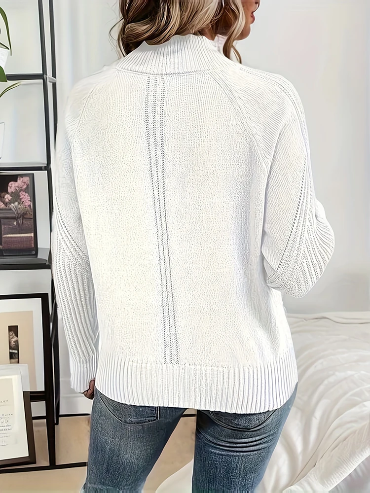 Women White Knit Pullover Half High Round Collar Solid Sweater Female Autumn Winter Warm Soft Fashion Long Sleeve Lady Knitwear