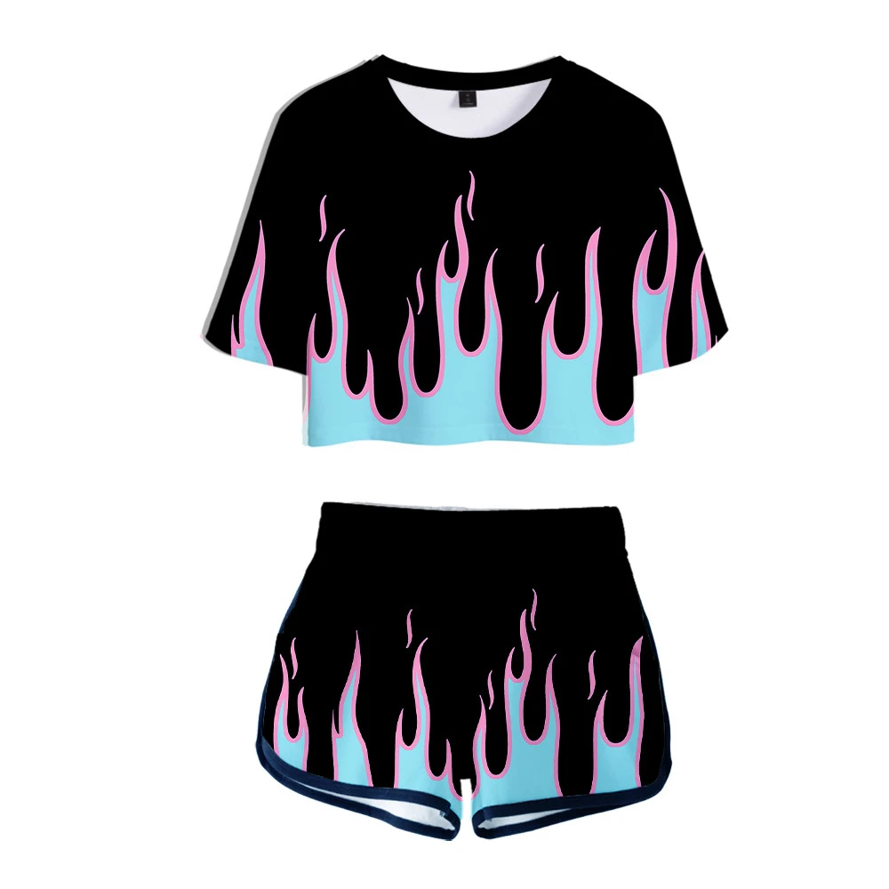 

Women Two Piece Outfits Red and Yellow Flame 3D Print 2 Piece Set Crop Top and Short Pants Tracksuit for Women Sets Streetwear