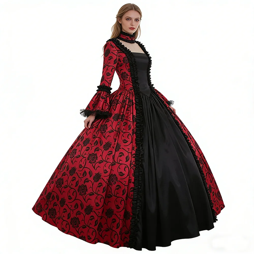 

Plus Size Victorian Gothic Ball Gown Floral Print Bell Sleeve Ruffle Maxi Dress Elegant Renaissance Medieval Evening Party Gowns