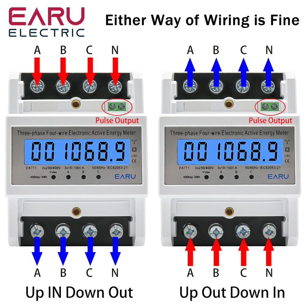 Din Rail 380V 3 Phase 4 Wire Energy Meter Power Consumption Monitor kWh Meter Wattmeter Bivolt 100A AC 50Hz 60Hz LCD Backlight