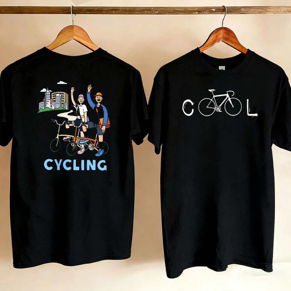 2026 Men Women Double Sided Print T-Shirt Cool Bicycle Front Graphic Cycling Life Cartoon Partner Bike Back Print Casual Basic