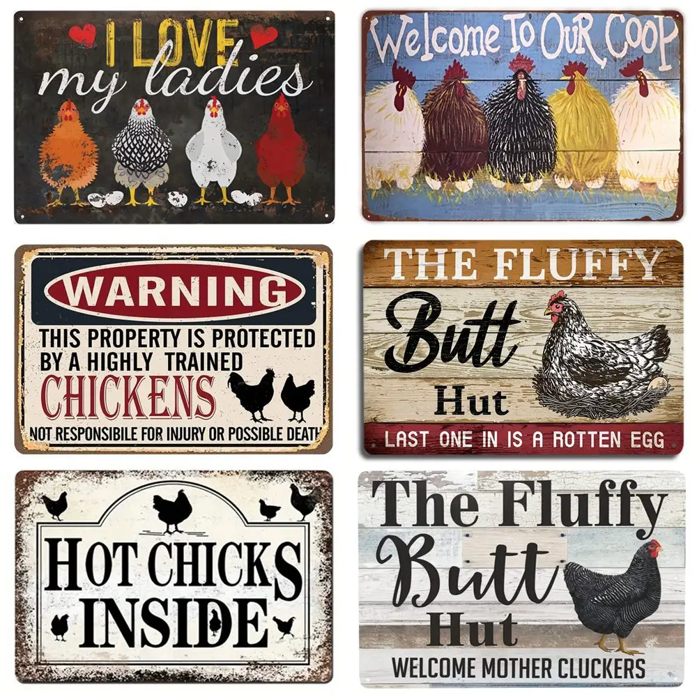 The Fluffy Butt Hut Vintage Retro Metal Sign Hot Chicks Funny Wall Art Sign Welcome To Our Coop Kitchen Farmhouse Wall Decor