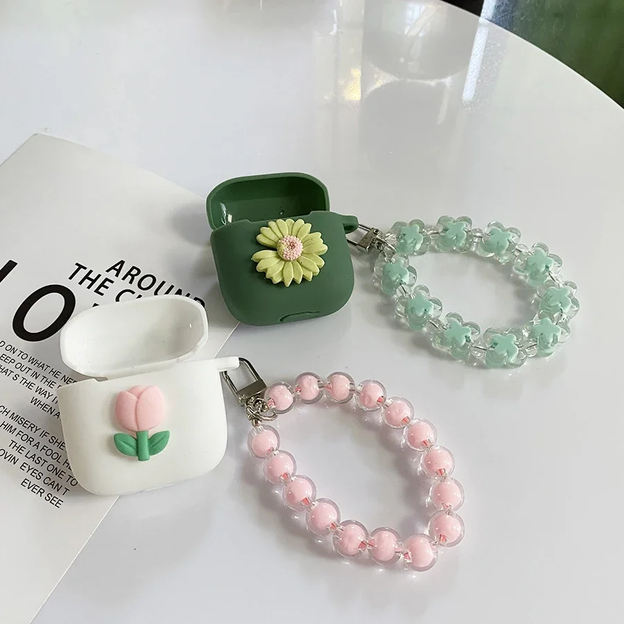 Cute Case for 1MORE TWS Q10 /Q20 Case tulips / Daisy flower Earphone Silicone cover with Keychain Lanyard for 1MORE TWS Q20