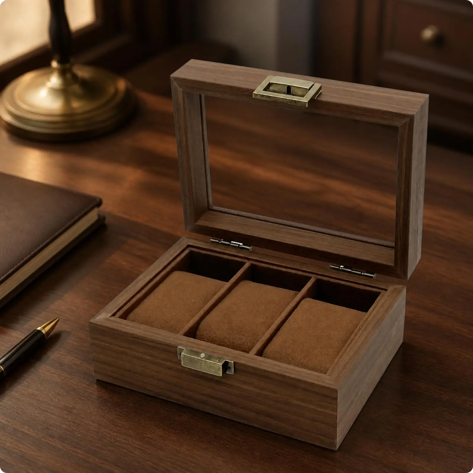 Portable Watch Case Holder Wooden Box with Soft Brown Velvet Interior for Travel Desk Shelf Storage