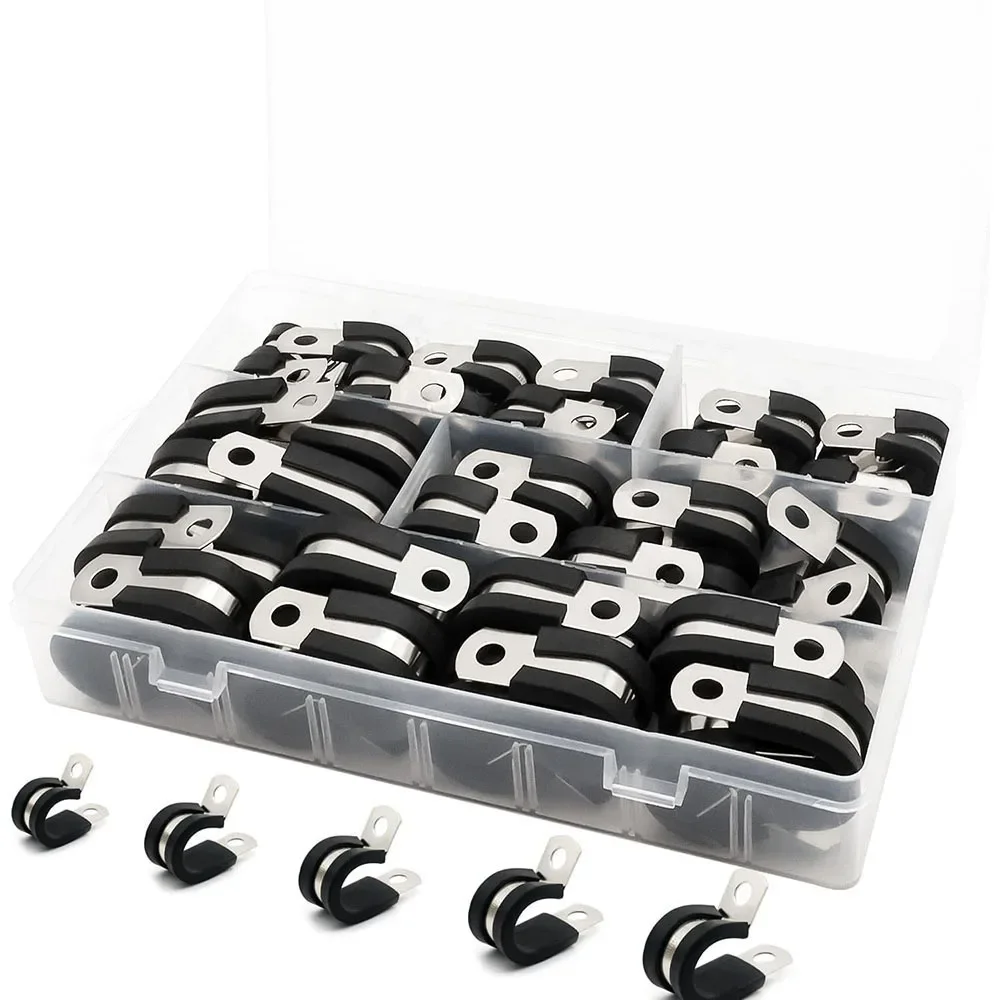 

50pcs Cable Clamps Assortment Kit, 304 Stainless Steel Rubber Cushion Pipe Clamps in 5 Sizes 1/4" 5/16" 3/8" 1/2" 3/4"